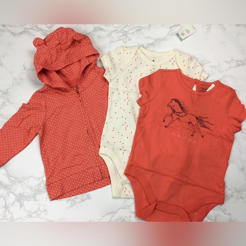 NEW Baby Gap Girls Hoodie and Bodysuits 3 Piece Set 12-18 Months Coral Unicorn
